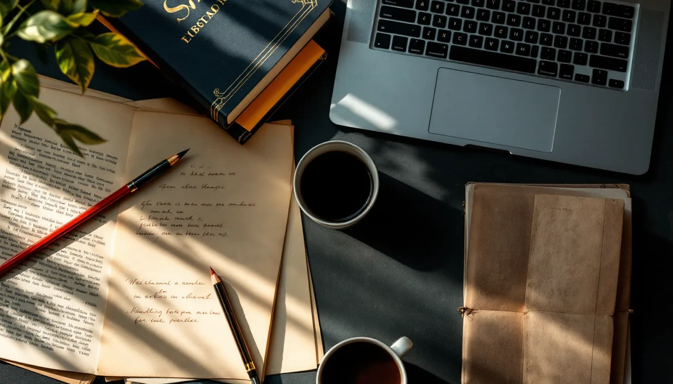 Marked-up manuscript pages, a fountain pen, and an open laptop on a warm-lit editing desk