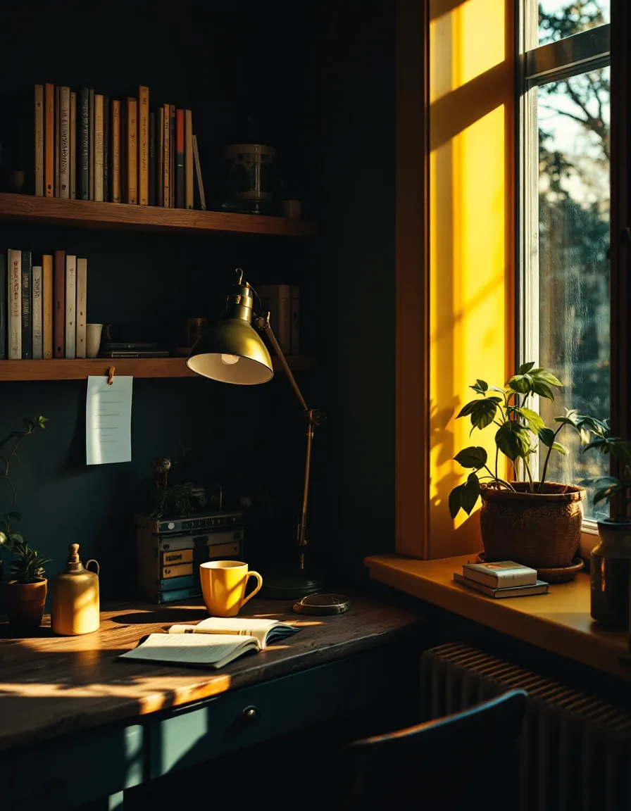 A sunlit corner desk with an anglepoise lamp, index cards, and shelves of well-read books