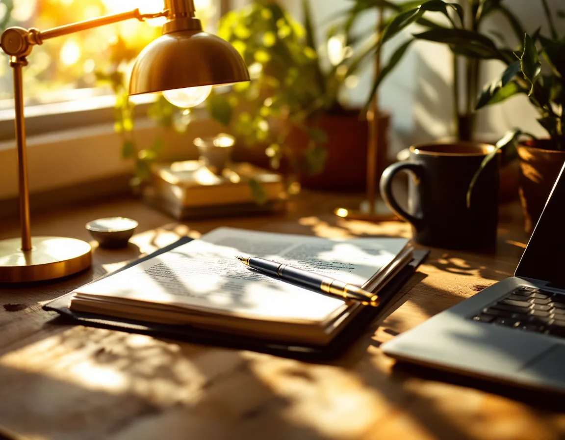 The Carraway Lane writing room on Warnall Ave — a wooden desk with manuscript pages, a fountain pen, and a laptop in warm morning light