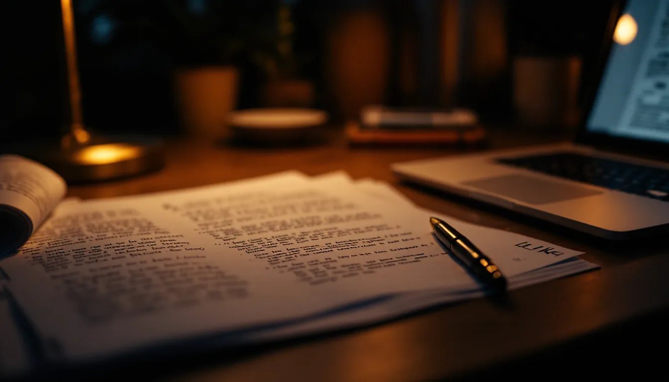 A marked-up manuscript, fountain pen, and glowing laptop on a dim editorial desk