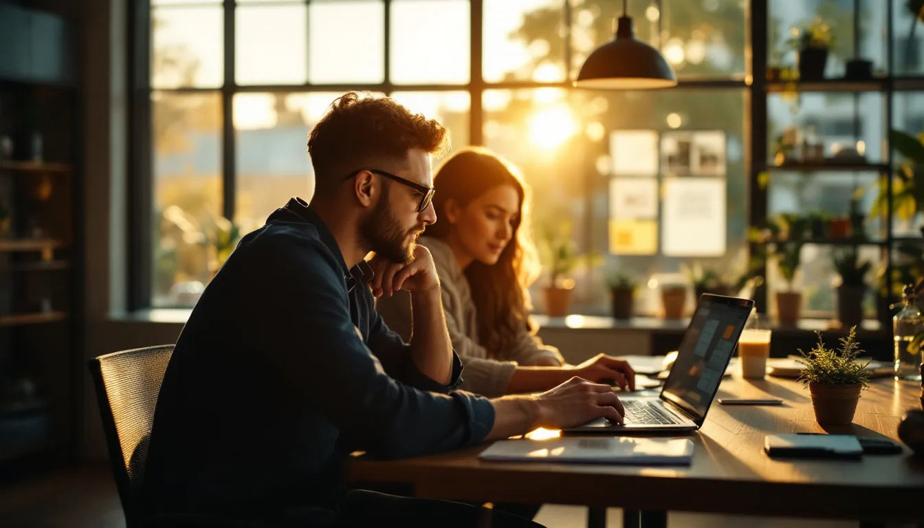 A SaaS team mapping an editorial calendar in a sunlit Los Angeles office